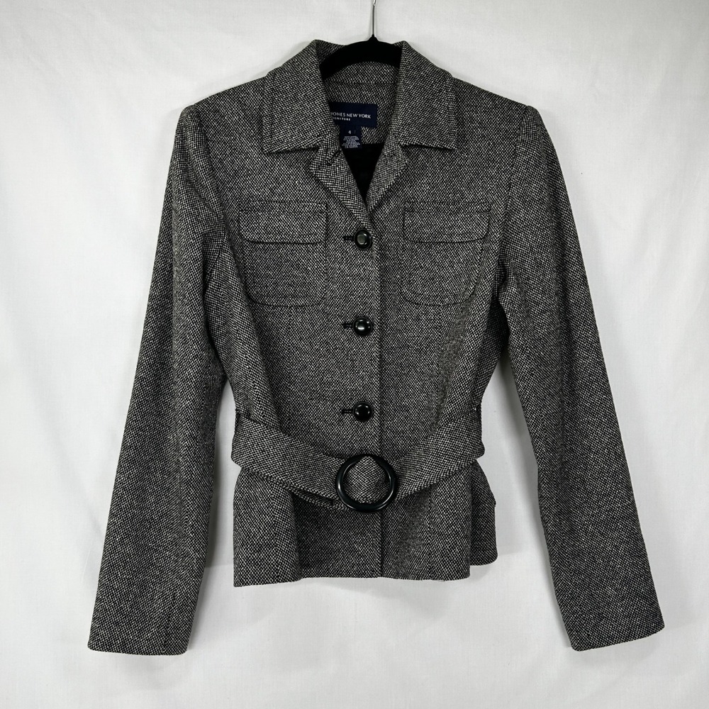 Vintage 2000s Jones New York Black White Tweed Wool Blend Belted Blazer Jacket 4